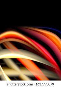 Silk smooth lines on black, liquid fluid color waves. Vector Illustration For Wallpaper, Banner, Background, Card, Book, Illustration, landing page, cover, placard, poster, banner, flyer, design