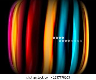 Silk smooth lines on black, liquid fluid color waves. Vector Illustration For Wallpaper, Banner, Background, Card, Book, Illustration, landing page, cover, placard, poster, banner, flyer, design