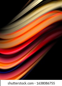 Silk smooth lines on black, liquid fluid color waves. Vector Illustration For Wallpaper, Banner, Background, Card, Book, Illustration, landing page, cover, placard, poster, banner, flyer, design