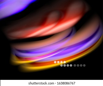 Silk smooth lines on black, liquid fluid color waves. Vector Illustration For Wallpaper, Banner, Background, Card, Book, Illustration, landing page, cover, placard, poster, banner, flyer, design