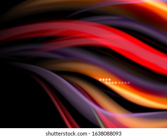 Silk smooth lines on black, liquid fluid color waves. Vector Illustration For Wallpaper, Banner, Background, Card, Book, Illustration, landing page, cover, placard, poster, banner, flyer, design