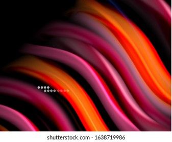 Seide glatte Linien auf schwarzen, flüssig fließenden Farbwellen. Vektorgrafik für Bildschirmhintergründe, Banner, Hintergrund, Karte, Buch, Illustration, Landungsseite, Abdeckung, Plakat, Plakat, Banner, Flyer, Design