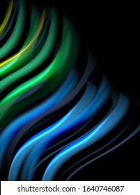 Silk smooth lines on black, liquid fluid color waves. Vector Illustration For Wallpaper, Banner, Background, Card, Book, Illustration, landing page, cover, placard, poster, banner, flyer, design