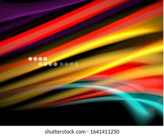 Silk smooth lines on black, liquid fluid color waves. Vector Illustration For Wallpaper, Banner, Background, Card, Book, Illustration, landing page, cover, placard, poster, banner, flyer, design