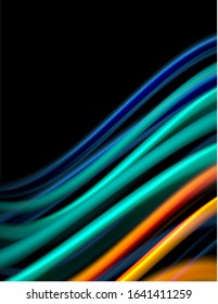 Silk smooth lines on black, liquid fluid color waves. Vector Illustration For Wallpaper, Banner, Background, Card, Book, Illustration, landing page, cover, placard, poster, banner, flyer, design