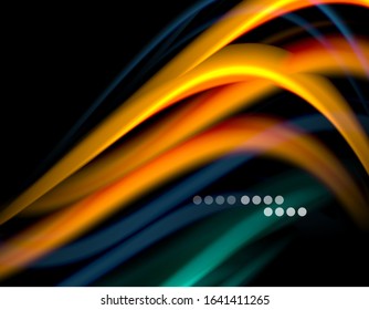 Silk smooth lines on black, liquid fluid color waves. Vector Illustration For Wallpaper, Banner, Background, Card, Book, Illustration, landing page, cover, placard, poster, banner, flyer, design