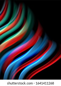 Silk smooth lines on black, liquid fluid color waves. Vector Illustration For Wallpaper, Banner, Background, Card, Book, Illustration, landing page, cover, placard, poster, banner, flyer, design