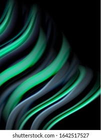 Silk smooth lines on black, liquid fluid color waves. Vector Illustration For Wallpaper, Banner, Background, Card, Book, Illustration, landing page, cover, placard, poster, banner, flyer, design