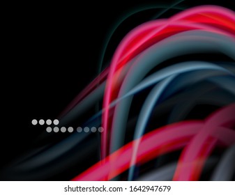 Silk smooth lines on black, liquid fluid color waves. Vector Illustration For Wallpaper, Banner, Background, Card, Book, Illustration, landing page, cover, placard, poster, banner, flyer, design