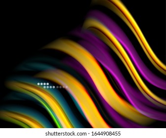 Silk smooth lines on black, liquid fluid color waves. Vector Illustration For Wallpaper, Banner, Background, Card, Book, Illustration, landing page, cover, placard, poster, banner, flyer, design