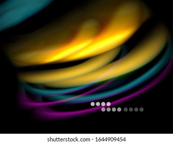 Silk smooth lines on black, liquid fluid color waves. Vector Illustration For Wallpaper, Banner, Background, Card, Book, Illustration, landing page, cover, placard, poster, banner, flyer, design