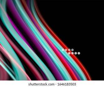 Silk smooth lines on black, liquid fluid color waves. Vector Illustration For Wallpaper, Banner, Background, Card, Book, Illustration, landing page, cover, placard, poster, banner, flyer, design