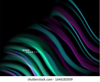 Silk smooth lines on black, liquid fluid color waves. Vector Illustration For Wallpaper, Banner, Background, Card, Book, Illustration, landing page, cover, placard, poster, banner, flyer, design
