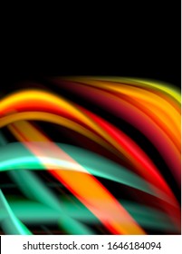 Silk smooth lines on black, liquid fluid color waves. Vector Illustration For Wallpaper, Banner, Background, Card, Book, Illustration, landing page, cover, placard, poster, banner, flyer, design