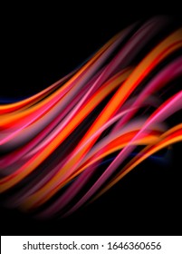 Silk smooth lines on black, liquid fluid color waves. Vector Illustration For Wallpaper, Banner, Background, Card, Book, Illustration, landing page, cover, placard, poster, banner, flyer, design