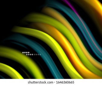 Silk smooth lines on black, liquid fluid color waves. Vector Illustration For Wallpaper, Banner, Background, Card, Book, Illustration, landing page, cover, placard, poster, banner, flyer, design