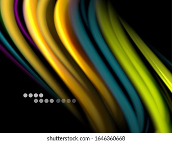 Silk smooth lines on black, liquid fluid color waves. Vector Illustration For Wallpaper, Banner, Background, Card, Book, Illustration, landing page, cover, placard, poster, banner, flyer, design