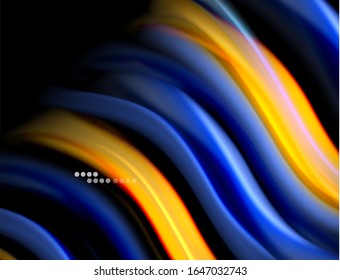 Silk smooth lines on black, liquid fluid color waves. Vector Illustration For Wallpaper, Banner, Background, Card, Book, Illustration, landing page, cover, placard, poster, banner, flyer, design
