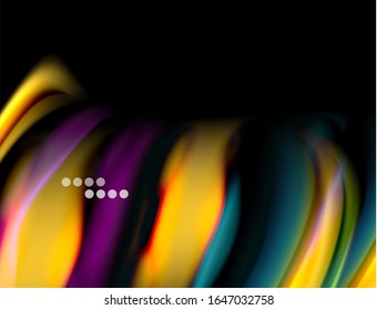 Silk smooth lines on black, liquid fluid color waves. Vector Illustration For Wallpaper, Banner, Background, Card, Book, Illustration, landing page, cover, placard, poster, banner, flyer, design
