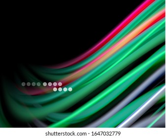 Silk smooth lines on black, liquid fluid color waves. Vector Illustration For Wallpaper, Banner, Background, Card, Book, Illustration, landing page, cover, placard, poster, banner, flyer, design