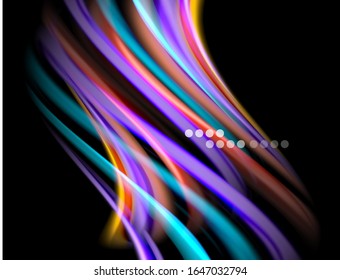 Silk smooth lines on black, liquid fluid color waves. Vector Illustration For Wallpaper, Banner, Background, Card, Book, Illustration, landing page, cover, placard, poster, banner, flyer, design