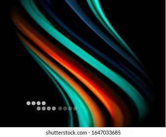 Silk smooth lines on black, liquid fluid color waves. Vector Illustration For Wallpaper, Banner, Background, Card, Book, Illustration, landing page, cover, placard, poster, banner, flyer, design