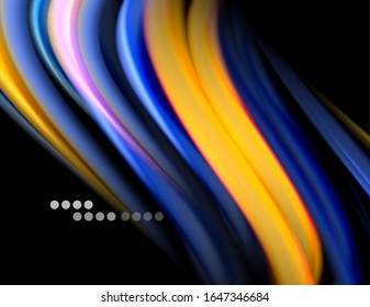 Silk smooth lines on black, liquid fluid color waves. Vector Illustration For Wallpaper, Banner, Background, Card, Book, Illustration, landing page, cover, placard, poster, banner, flyer, design