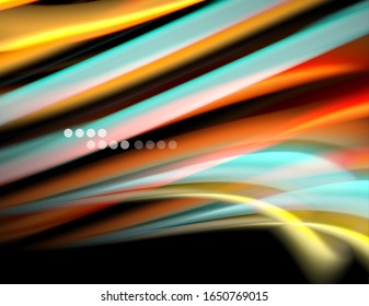 Silk smooth lines on black, liquid fluid color waves. Vector Illustration For Wallpaper, Banner, Background, Card, Book, Illustration, landing page, cover, placard, poster, banner, flyer, design
