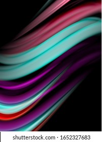 Silk smooth lines on black, liquid fluid color waves. Vector Illustration For Wallpaper, Banner, Background, Card, Book, Illustration, landing page, cover, placard, poster, banner, flyer, design