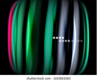 Silk smooth lines on black, liquid fluid color waves. Vector Illustration For Wallpaper, Banner, Background, Card, Book, Illustration, landing page, cover, placard, poster, banner, flyer, design