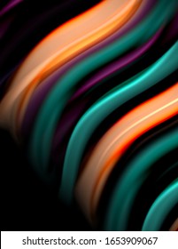 Silk smooth lines on black, liquid fluid color waves. Vector Illustration For Wallpaper, Banner, Background, Card, Book, Illustration, landing page, cover, placard, poster, banner, flyer, design