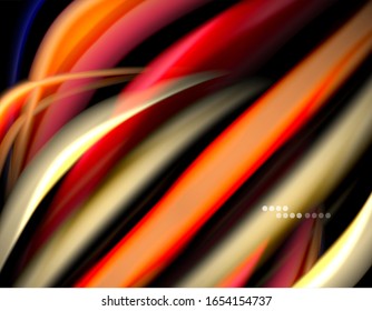 Silk smooth lines on black, liquid fluid color waves. Vector Illustration For Wallpaper, Banner, Background, Card, Book, Illustration, landing page, cover, placard, poster, banner, flyer, design