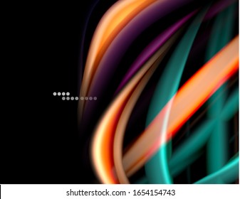 Silk smooth lines on black, liquid fluid color waves. Vector Illustration For Wallpaper, Banner, Background, Card, Book, Illustration, landing page, cover, placard, poster, banner, flyer, design