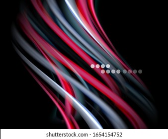 Silk smooth lines on black, liquid fluid color waves. Vector Illustration For Wallpaper, Banner, Background, Card, Book, Illustration, landing page, cover, placard, poster, banner, flyer, design