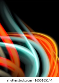 Silk smooth lines on black, liquid fluid color waves. Vector Illustration For Wallpaper, Banner, Background, Card, Book, Illustration, landing page, cover, placard, poster, banner, flyer, design