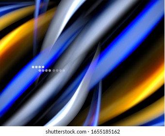 Silk smooth lines on black, liquid fluid color waves. Vector Illustration For Wallpaper, Banner, Background, Card, Book, Illustration, landing page, cover, placard, poster, banner, flyer, design