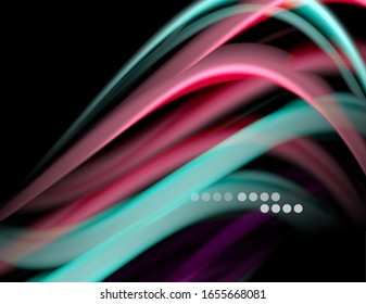 Silk smooth lines on black, liquid fluid color waves. Vector Illustration For Wallpaper, Banner, Background, Card, Book, Illustration, landing page, cover, placard, poster, banner, flyer, design