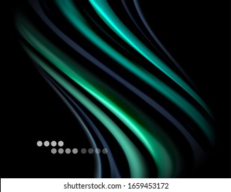 Silk smooth lines on black, liquid fluid color waves. Vector Illustration For Wallpaper, Banner, Background, Card, Book, Illustration, landing page, cover, placard, poster, banner, flyer, design