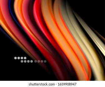 Silk smooth lines on black, liquid fluid color waves. Vector Illustration For Wallpaper, Banner, Background, Card, Book, Illustration, landing page, cover, placard, poster, banner, flyer, design