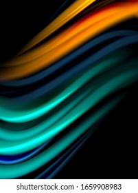 Silk smooth lines on black, liquid fluid color waves. Vector Illustration For Wallpaper, Banner, Background, Card, Book, Illustration, landing page, cover, placard, poster, banner, flyer, design