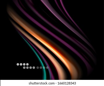 Líneas suaves de seda sobre ondas de color líquido negro. Ilustración vectorial para papel tapiz, pancarta, fondo, tarjeta, libro, ilustración, página de inicio, portada, cartel, cartel, pancarta, volante, diseño