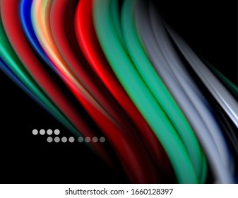 Silk smooth lines on black, liquid fluid color waves. Vector Illustration For Wallpaper, Banner, Background, Card, Book, Illustration, landing page, cover, placard, poster, banner, flyer, design