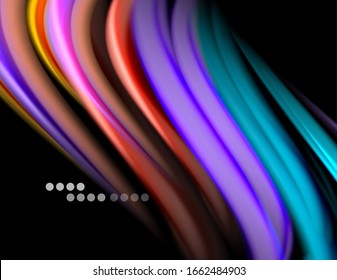Silk smooth lines on black, liquid fluid color waves. Vector Illustration For Wallpaper, Banner, Background, Card, Book, Illustration, landing page, cover, placard, poster, banner, flyer, design