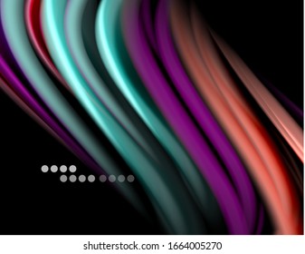 Silk smooth lines on black, liquid fluid color waves. Vector Illustration For Wallpaper, Banner, Background, Card, Book, Illustration, landing page, cover, placard, poster, banner, flyer, design