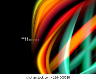 Silk smooth lines on black, liquid fluid color waves. Vector Illustration For Wallpaper, Banner, Background, Card, Book, Illustration, landing page, cover, placard, poster, banner, flyer, design