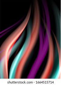 Silk smooth lines on black, liquid fluid color waves. Vector Illustration For Wallpaper, Banner, Background, Card, Book, Illustration, landing page, cover, placard, poster, banner, flyer, design