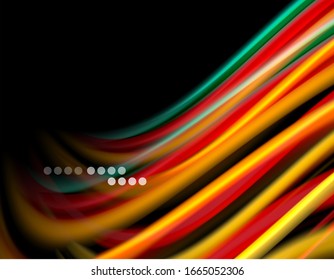Silk smooth lines on black, liquid fluid color waves. Vector Illustration For Wallpaper, Banner, Background, Card, Book, Illustration, landing page, cover, placard, poster, banner, flyer, design