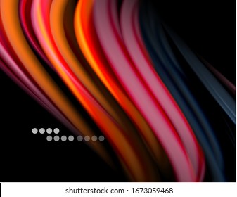 Silk smooth lines on black, liquid fluid color waves. Vector Illustration For Wallpaper, Banner, Background, Card, Book, Illustration, landing page, cover, placard, poster, banner, flyer, design