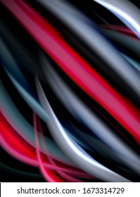 Silk smooth lines on black, liquid fluid color waves. Vector Illustration For Wallpaper, Banner, Background, Card, Book, Illustration, landing page, cover, placard, poster, banner, flyer, design