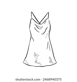 A silk strappy mini dress drawn by hand in black and white line.